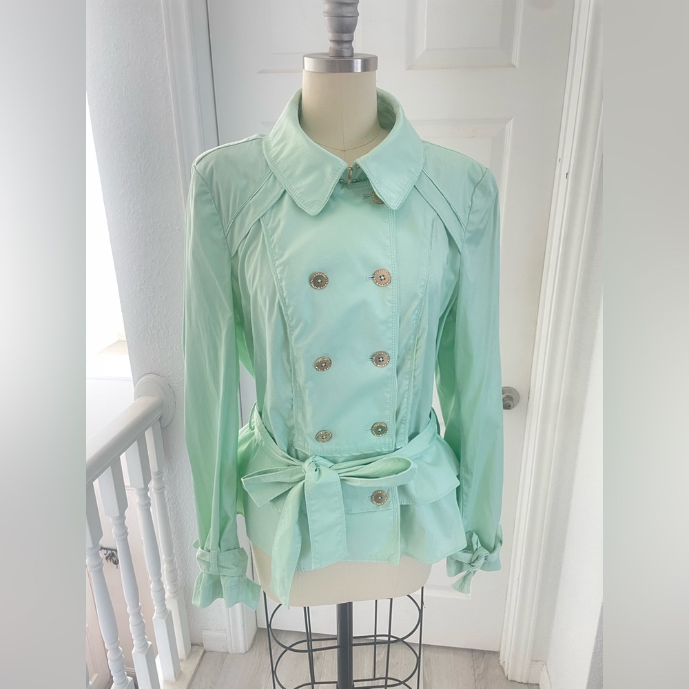 White House black market long sleeve double breasted ruffle, mint jacket. - Picture 5 of 16